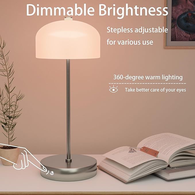 Small Portable Cordless Table Lamp, 3-Way Dimmable Touch Rechargeable Battery Powered Mushroom Lamp Bedroom Dining Table Living Room Shelf Decor,Gold