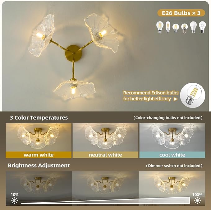 Flower Glass 3 Lights Ceiling Light - Gold Vintage Floral Semi Flush Mount Chandelier Lighting Fixtures - Mid Century Modern Art Deco Lamps for Bedroom Bathroom Hallway Foyer Hall Kitchen Living Room