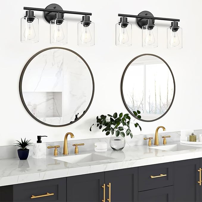 3-Light Black Vanity Lights, E26 Modern Bathroom Light Fixtures with Clear Glass Shade, Wall Lamps for Mirror Kitchen Hallway Cabinet Living Room Sconces Lights