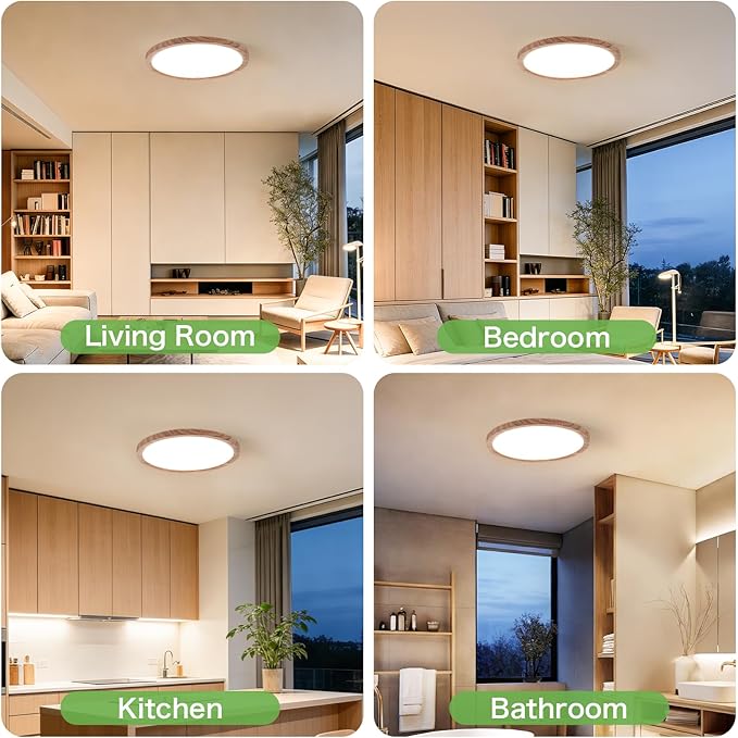Kimjo 2 Pack 12 Inch 24W Modern Flush Mount Ceiling Light, 3 Color Temperature Walnut Wood Grain Flat Ceiling Light Fixture Led Lights for Bedroom Kitchen Bathroom Hallway