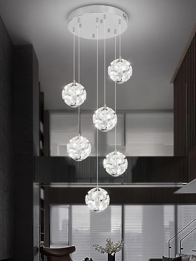 ykolupty LED Staircase Chandelier Modern Crystal Globe Pendant Light Crystal Chandeliers for High Ceilings, Hanging Lighting Fixture for Villas Foyer Hallway Entryway (6-Lights)