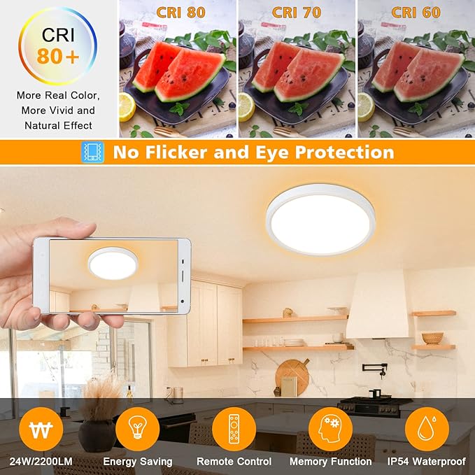 Unicozin Dimmable LED Flush Mount Ceiling Light with Remote Control, Wired 3000K-6000K Color Changing, 12Inch 24W(150W Equiv) 2200LM, Round Flat Ceiling Lamp White for Bedroom, Living Room, Kitchen
