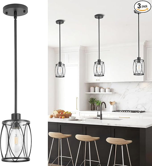 Glass Pendant Lights Kitchen Island Black Pendant Light Fixtures Adjustable Modern Mini Hanging Light with Clear Glass for Sink Dining Room Foyer Entryway Bar, 3 Pack