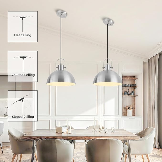 12 Inch Farmhouse Pendant Lights, Brushed Nickel Pendant Lighting for Kitchen Island, lndustrial Adjustable Height Hanging Light for Barn, Dining Room, 3 Pack