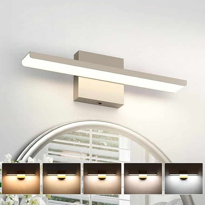 JUSHENG Brushed Nickel Modern LED Vanity Lights for Bathroom Light Fixtures, 16 Inch 16W 5CCT Dimmable Vanity Light Bar Bathroom Lighting, ETL Certificated