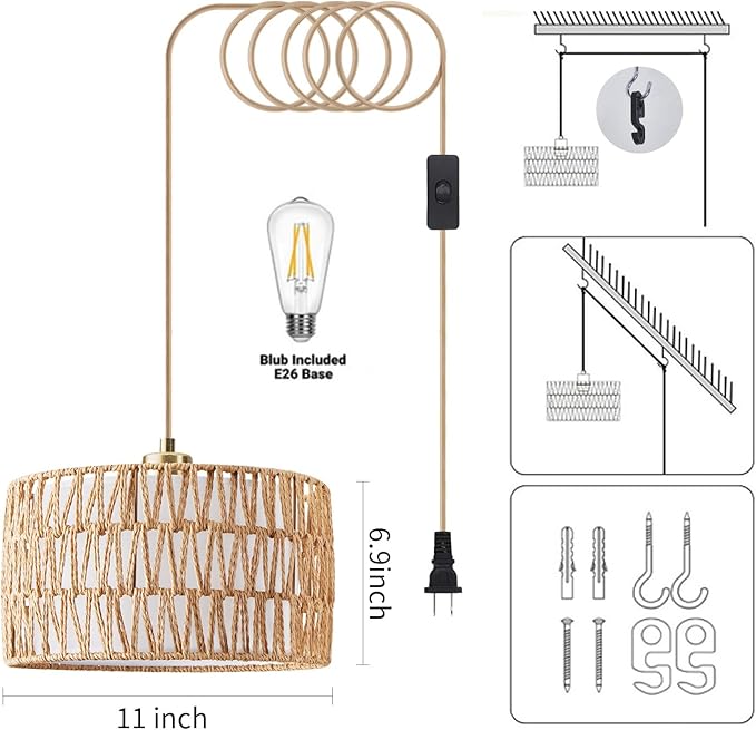Plug in Pendant Light Rattan Hanging Lights with Plug in Cord, Woven & Fabric 2 in 1 LampShade, Hanging Lamp Plug in for Bedroom Living Room Kitchen Island (Bulb Included)