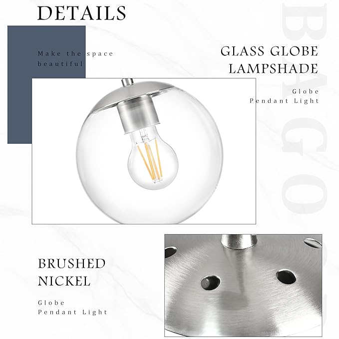 Bagood 8 Inch Globe Pendant Light Nickel Globe Pendant Lights Kitchen Island Mid Century Light Fixture with Hight Clear Glass Contemporary Adjustable Hanging Lights for Dining Room (Bulb Included)