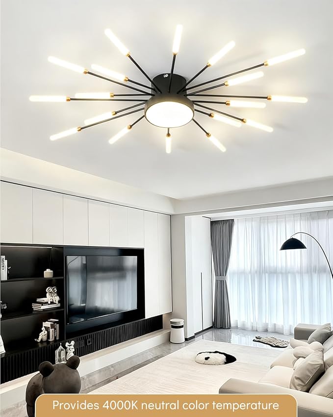18+1 Lights LED Ceiling Light Fixture Modern Flower Ceiling Lights Flush Mount Firework Chandeliers Black Indoor Lighting for Living Room Bedroom 4000K 30W Deco Close to Ceiling Light
