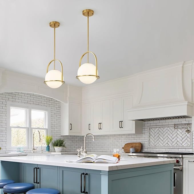 youngrender Modern Gold Schoolhouse Pendant Light Fixture, 6" Gold Globe Pendant Lighting with Hanging Adjustable Height, One Light Milk Glass Chandelier for Kitchen Island Dining Room Hallway