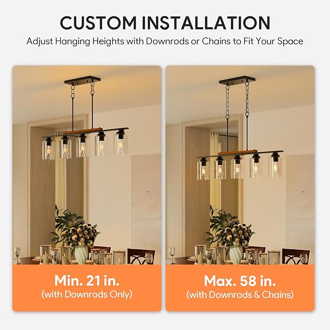 VONLUCE Dining Room Light Fixture Over Table, 5-Light Kitchen Island Lighting with Glass Shade and Adjustable Rods, Farmhouse Linear Chandelier Pendant Light for Kitchen Living Room, Matte Black