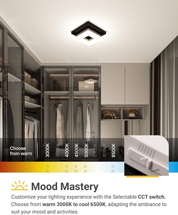 Sunco 8 Inch Square LED Ceiling Light Fixture Flush Mount, Black, High Brightness 1800LM, Selectable CCT 3000K/4000K/4500K/5000K/6500K, Modern Ceiling Light for Bathroom, Kitchen, Hallway, Damp Rated
