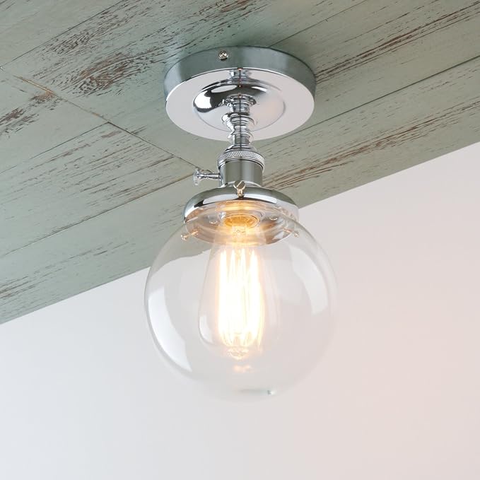 PERMO Modern Small Semi Flush Mount Ceiling Pendant Light Glass Ceiling Lights Hallway Fixtures with Flate Ribbed Glass Lampshade, 1-Light (Chrome, 301)
