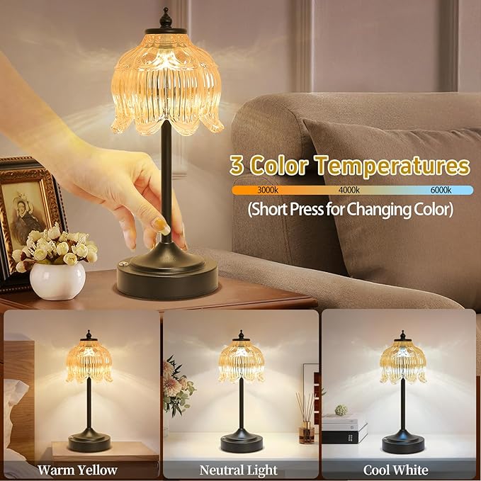 Cordless Lotus Flower Table Lamp, 5200mAh Rechargeable Battery Operated Portable Lamp, 3-Color Dimmable Touch Control Small Desk Lamp for Bedroom, Office, Kitchen, Nightstand,Room Decor(Amber-2)