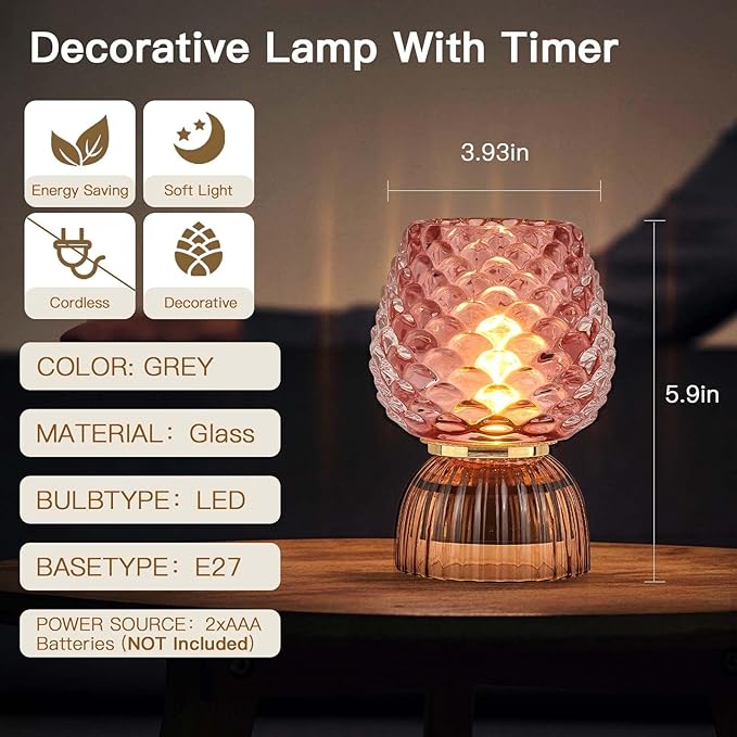 Battery Operated Lamp with Timer, Cute Small Cordless Glass Table Lamp for Home Decor, Kitchen, Bathroom, Birthday Gift for Women, Pinecone, Pink, 2 Pack