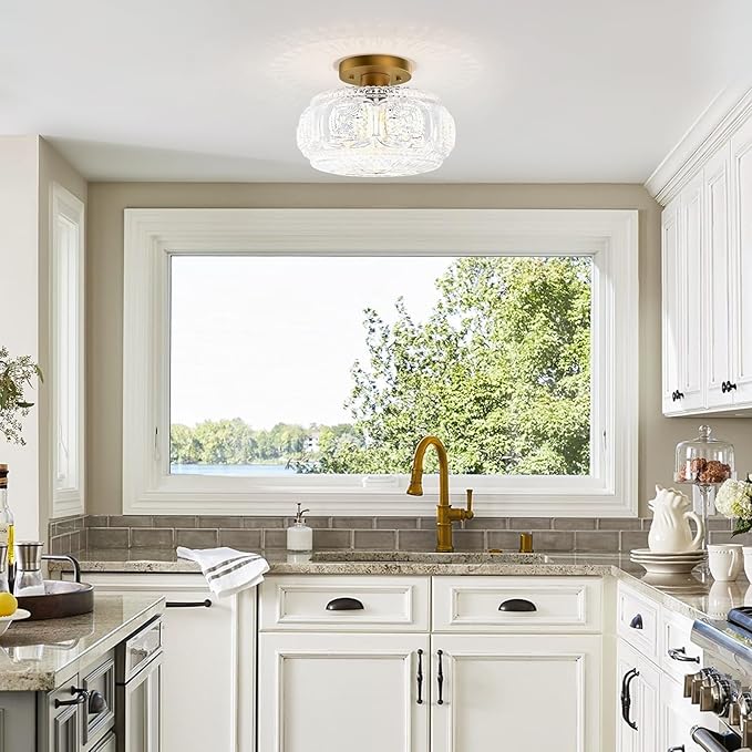 Semi Flush Mount Ceiling Light, Upgraded Larger Gold Glass Ceiling Light Fixture, Vintage Lighting for Hallway Kitchen Bedroom Dining Room, Bulb Not Included