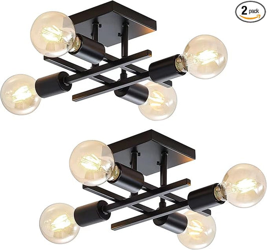 Industrial 4-Light Semi Flush Mount Ceiling Light Fixtures, Farmhouse Black Chandelier Lighting, Modern E26 Base Sputnik Ceiling Lamps for Bedroom Living Room Hallway Entryway, 2 Pack