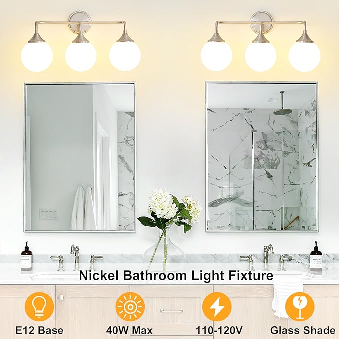 Brushed Nickel Vanity Lights Fixtures, 3-Light Bathroom Vanity Lighting Over Mirror, Modern Bathroom Wall Sconces with Milky White Glass Ball Shades