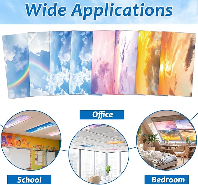Wiooffen 8 Pcs Fluorescent Light Covers with 80 Magnets Decorative for Classroom Ceiling Light 4x2 Feet Magnetic Filter Easy Install for Office Hospitals & Home Drop Ceiling Supplies(Rainbow Sky)