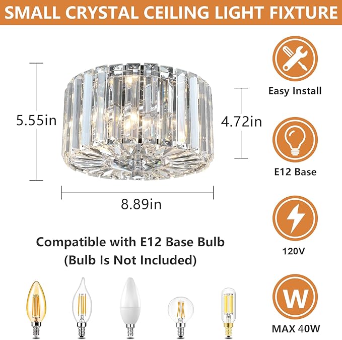Crystal Ceiling Light, Modern Semi Flush Mount Ceiling Lighting Fixture, 8.89" Round Hallway Lighting Fixtures for Kitchen Entryway Laundry Room, 2-Light, Chrome, XDD007-1-CH
