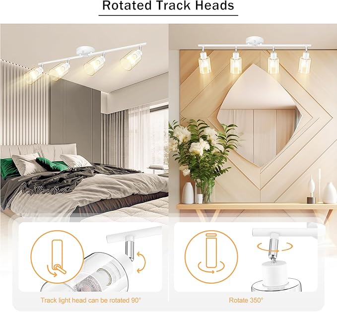 BoostArea 4-Light Bathroom Light Fixtures, White Modern Vanity Wall Lights with Clear Glass Shade, Flexibly Ceiling Light for Mirror Kitchen Living Room Hallway Cabinet Porch