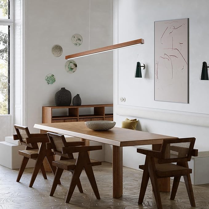 YISDESIGN 47" Wood Linear Pendant Light Fixtures Modern Led 36w Dimmable Pendant Lighting Ceiling Hanging Lights Wood Linear Chandeliers for Kitchen Island Dining Room Pool Table Walnut Color