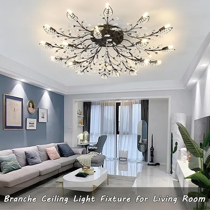 Small Crystal Chandelier Modern Semi Flush Mount Ceiling Light Fixture Black Leaves Chandeliers Lighting for Bedroom Living Room Dining Room Kitchen Hallway Foyer