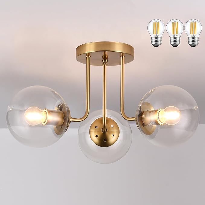 KoKo&Yukina 3-Light Semi Flush Mount Ceiling Light Globe Lights Mid Century Ceiling Light with Clear Glass Globe & Brushed Brass for Bedroom Hallway Entryway Kitchen Living Room (Bulb Incl.)