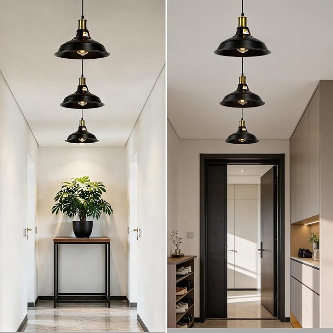 3 Light Pendant Lighting, Farmhouse Hanging Light Fixture for Kitchen Island & Dining Room, Industrial Vintage Ceiling Lamp with E26 Base, Adjustable Height, Black and Gold with Metal Shade