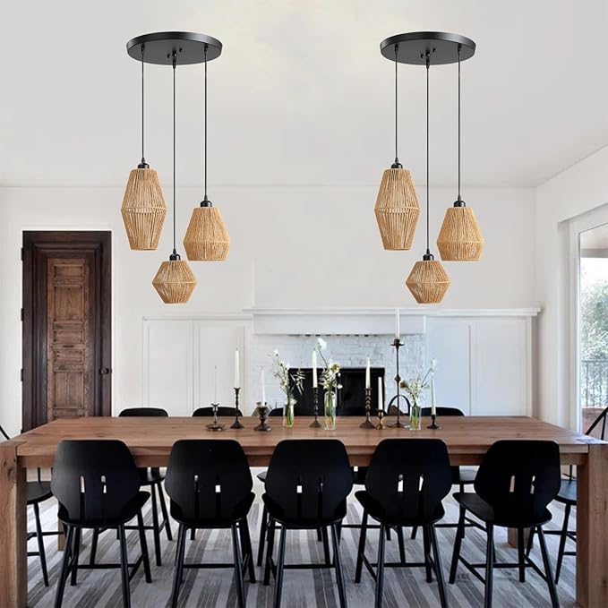 3-Light Rattan Pendant Light,Hand Woven Boho Chandelier,Wicker Pendant Light Fixture,Kitchen Dining Room Chandelier Over Table,Hanging Light for Living Room,Entryway,LED Bulbs Included