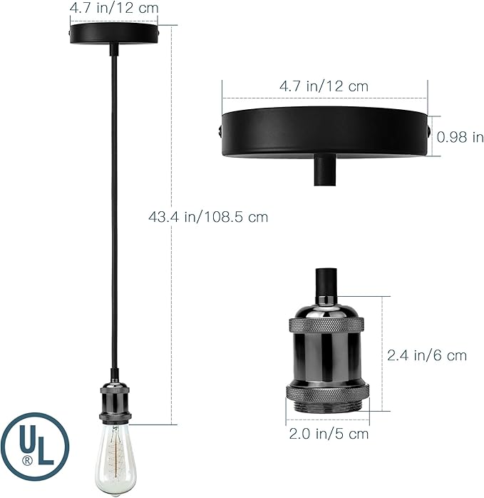 JACKYLED Pendant Light Kit UL Canopy Kit Copper Socket E26 E27 Lampholder Black Woven Fabric Pendant Light Cord Adjustable Ceiling Lighting (Pearl Black)