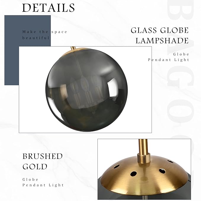 Bagood 14 Inch Globe Pendant Light Gold Large Globe Pendant Lights Kitchen Island Gold Mid Century Light Fixture with Gray Clear Glass Adjustable Hanging Lights for Living Room Foyer (Bulb Included)