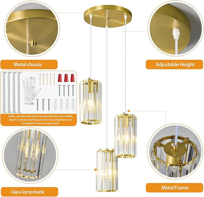 Gold Pendant Lighting Modern Pendant Light, Mini Crystal Chandeliers,Adjustable Pendant Light Fixture for Kitchen Island Dinning Room Corridor Bedroom(Gold 3-Light)