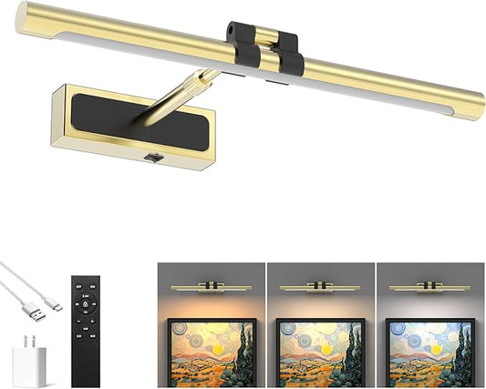 Brass Picture Light for Wall - 16inch Dimmable & Rechargeable Art Light with Extendable Arm, 25H Light Time, Angle Adjustable, 3 Color Temperatures Timer - Perfect for Paintings and Home Decor
