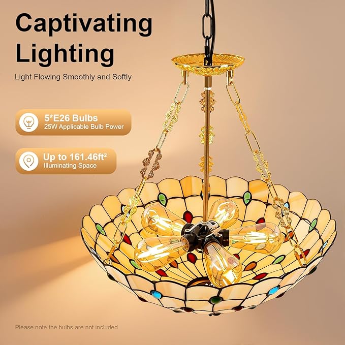 Vintage Pendant Light Fixtures, 20.5in Stained Glass Ceiling Pendant for Dining Room, Antique Style Hanging Lamp for Living Room Kitchen Entryway-E26