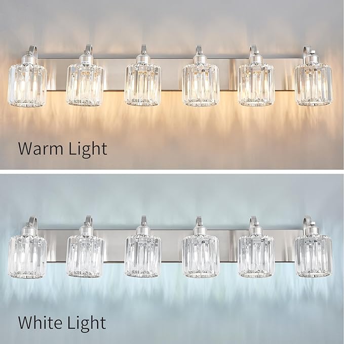 Crystal Bathroom Lighting Fixtures Over Mirror, 6 Light Brushed Nickel Vanity Light, Modern Bath Wall Sconce Lighting for Bedroom Living Room (Exclude Bulb)
