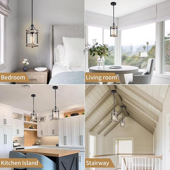 Farmhouse Pendant Light, Rustic White Wood Metal Cage Hanging Light Fixtures with Glass, 43 Inch Adjustable for Flat and Slop Ceiling, Pendant Lighting for Kitchen Island Foyer Hallway, 2 Pack