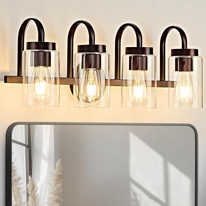 4 Light Bathroom Vanity Light, Black Coffee Vanity Lights for Bathroom, Modern Light Fixtures Over Mirror with Clear Glass Shade, Wall Sconce Lighting for Bedroom