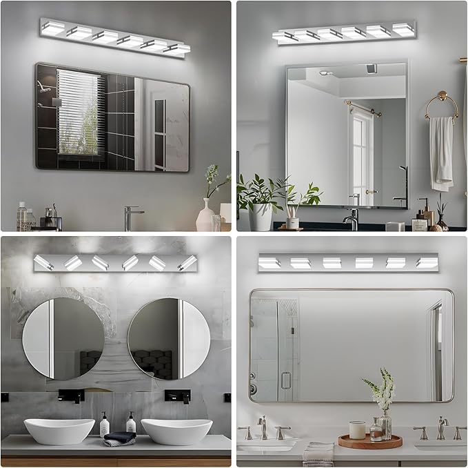 Modern LED Bathroom Lights Fixtures 6-Light,Stainless Steel Chrome Acrylic Wall Lighting,Vanity Lights for Bathroom Over Mirror 6000k 41in
