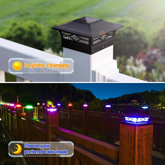 VOLISUN Solar Post Cap Light Outdoor Waterproof: RGB Color Changing - Solar Fence Cap Flashing Lights 4Pack Black for 4x4 5x5 6x6 Wooden Vinyl Post
