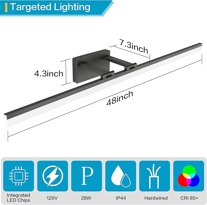 SOLFART Modern LED Vanity Lights 47.2 Inch Bathroom Light Fixtures Over Mirror Fixture Matt Black Finishing Light Strip 8778-ND
