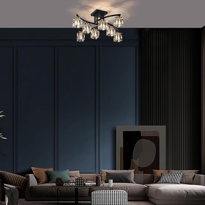 Crystal Semi Flush Mount Ceiling Light with 8-Lights Black Sputnik Ceiling Light Fixture Modern Chandeliers for Dining Room Living Room Kitchen Island Bedroom Hallway