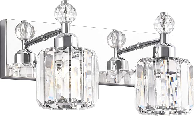 PRESDE Modern Crystal Chrome 2 Light Bathroom Vanity Light for Bathroom Lighting Fixtures Over Mirror Wall Sconce