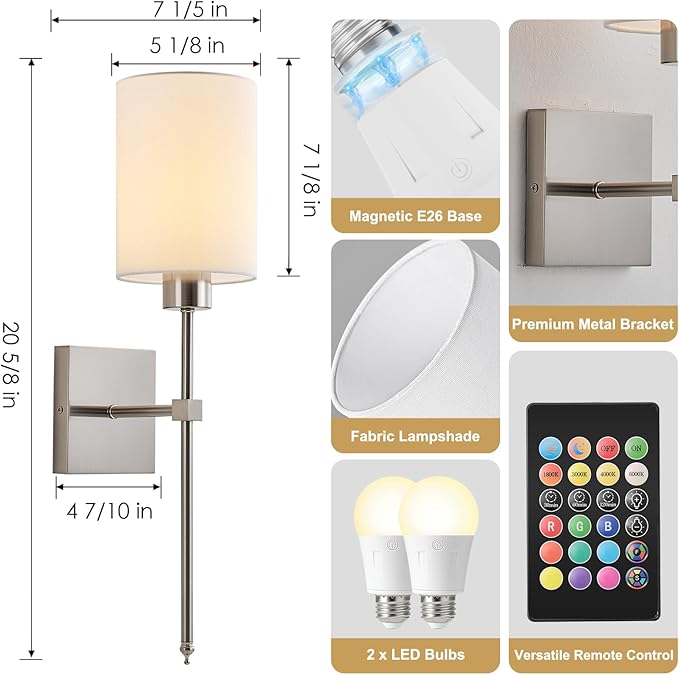KARTOOSH Battery Operated Wall Sconce Set of Two, Wireless Rechargeable Wall Light with Remote Control, Dimmable, 4 Color Temperatures, RGB, Timer, for Living Room,Bedroom,Entryway, Nickel, 20.6 Inch