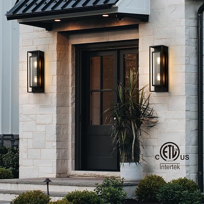 mirrea 24" Classic Outdoor Wall Sconce 2 Lights in Matte Black Rectangular Metal Frame and Clear Glass Shade Waterproof Porch Light Patio Light Pack of 2