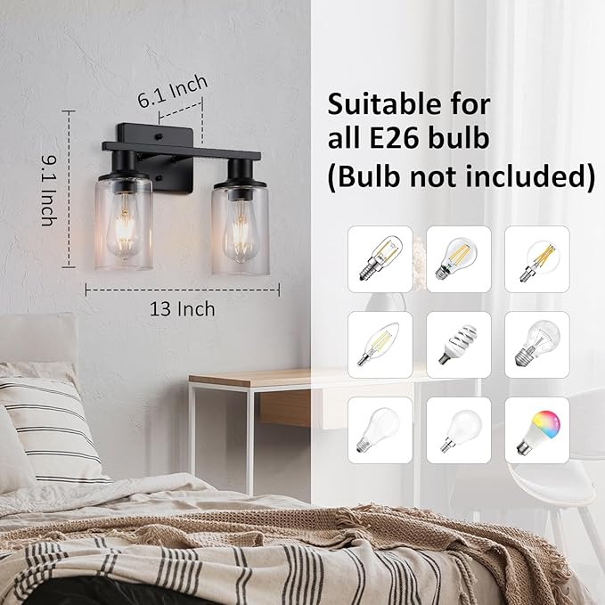 2-Light Matte Black Bathroom Vanity Light,Bathroom Light Fixtures Over Mirror with Clear Glass Shade,Modern Farmhouse Wall Sconces Lighting for Kitchen Living Room Cabinet