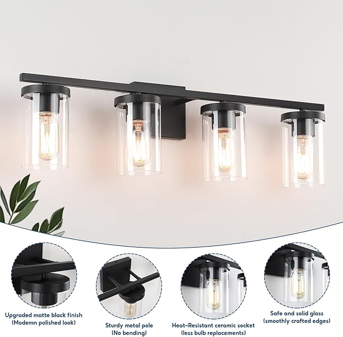 27in Bathroom Light Fixture Over Mirror, 4-Light Matte Black Vanity Lights with Clear Glass Shades, Modern Wall Sconces for Living Room, Bedroom, Hallway, E26 Base