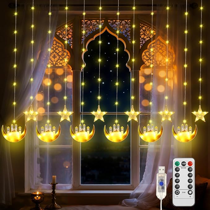Lewondr Ramadan Curtain String Lights, 138 LED Moon Castle Star Fairy Lights with 6H Timer, 8 Modes, Remote Control, USB Powered Curtain String Light, Eid Mubarak Decorations for Ramadan Home, Yellow