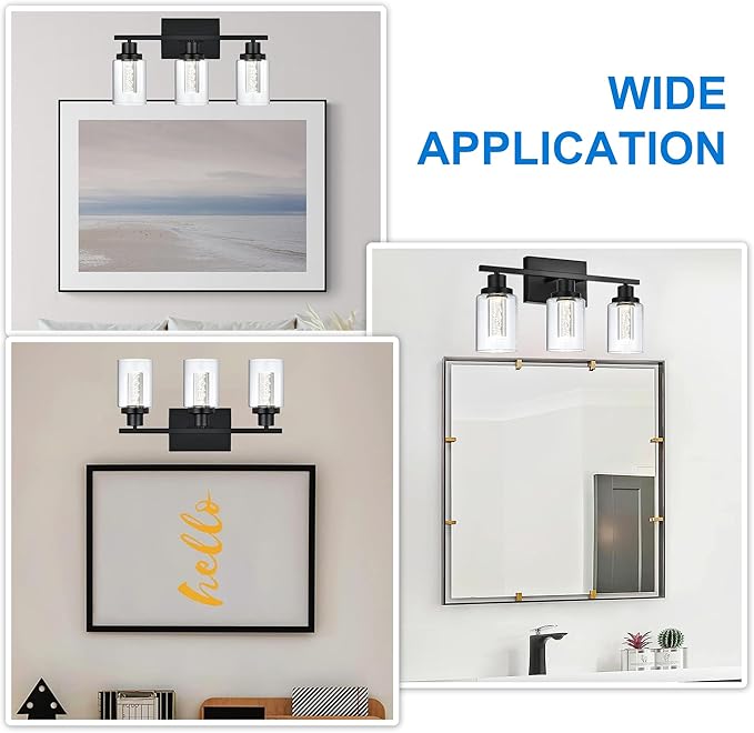 MELUCEE Bathroom Vanity Light Fixtures, 3-Light LED Bathroom Lighting Fixtures Over Mirror, 3000K-6000K Modern Black Vanity Light for Bathroom with Crystal Bubble Glass Shade, Built-in LED Chips