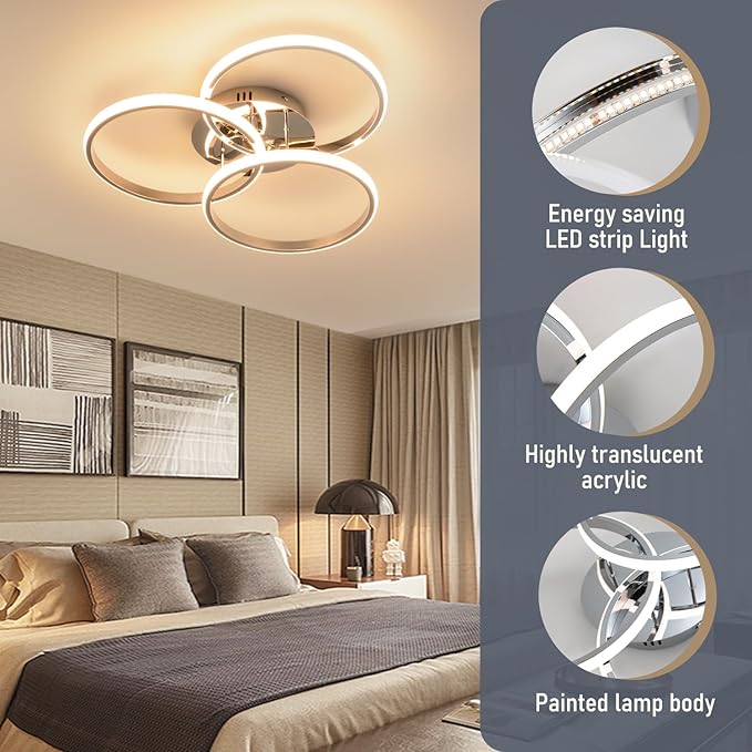 Led Ceiling Light Fixtures, Dimmable Modern Led Ceiling Light with Remote Control, 3000K-6500K Flush Mount Ceiling Light for Bedroom Living Room Dining Room Kitchen (Chrome)
