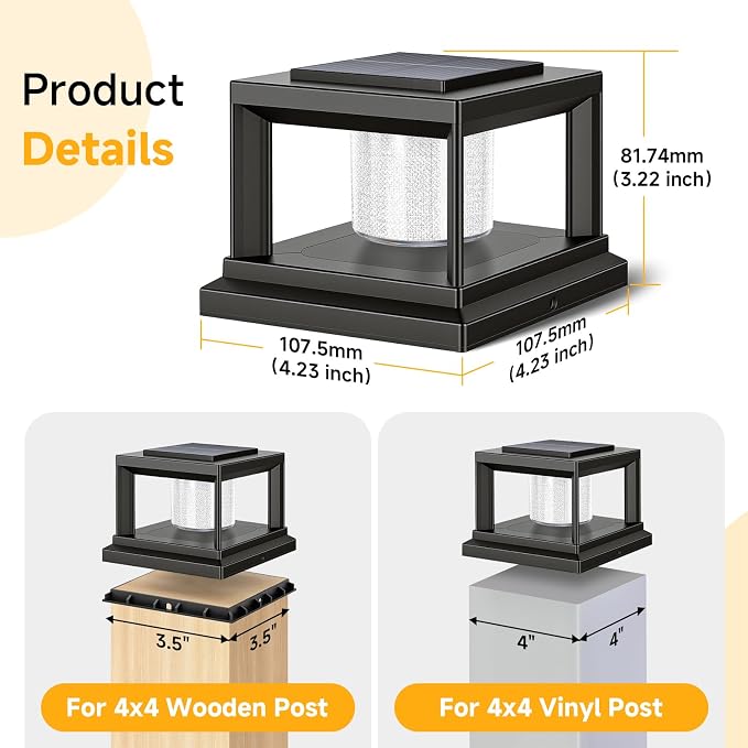 FOLKSMATE Solar Post Cap Lights 16 Pack, 2 Lighting Modes Cool/Warm White Outdoor Solar Powered, Waterproof Fence Deck Lights for 4×4 3.5×3.5 Wood Vinyl Posts, for Garden Patio Porch Decor, Black